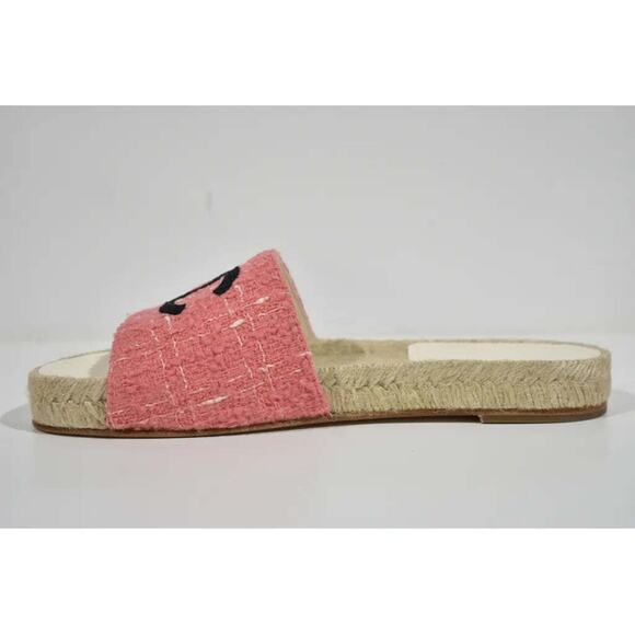 Chanel 20A Pink Tweed Black CC Logo Espadrille Slide Slip On Sandal Mule Flat 37 - Picture 9 of 12
